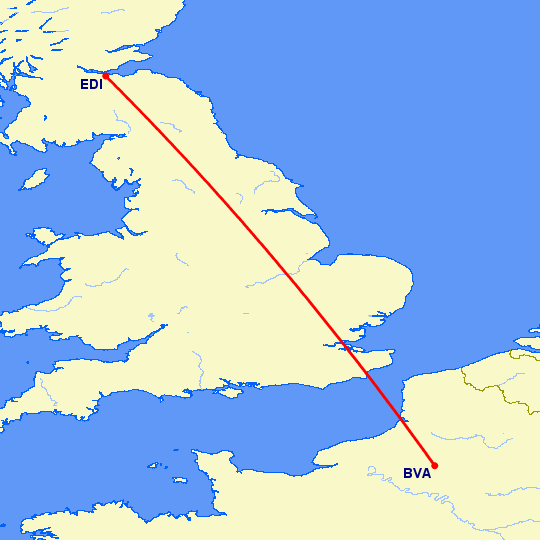 перелет Париж — Эдинбург на карте
