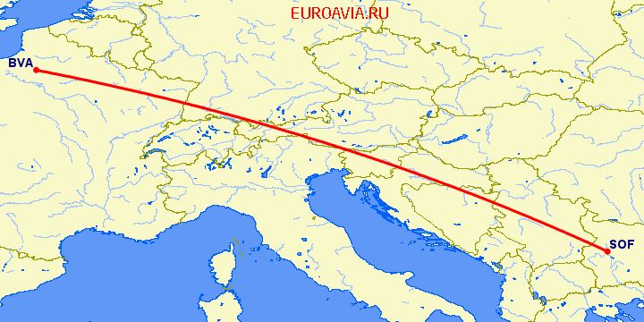 перелет Париж — София на карте