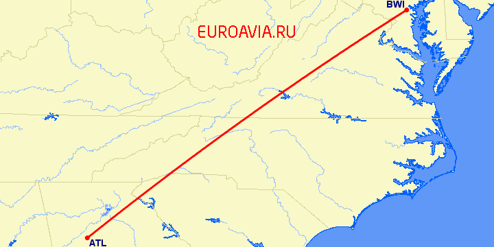 перелет Балтимор — Атланта на карте