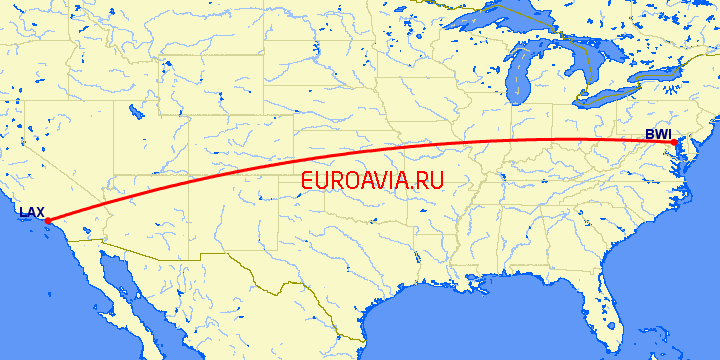 перелет Балтимор — Лос Анджелес на карте
