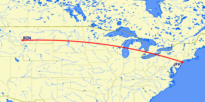 перелет Bozeman — Нью Йорк на карте