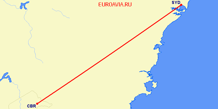 перелет Канберра — Сидней на карте