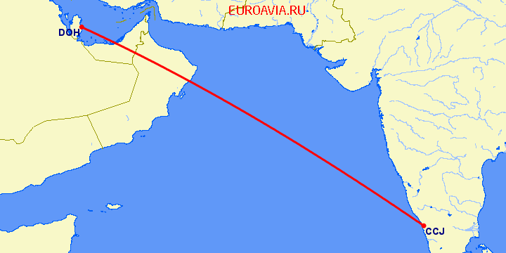 перелет Kozhikode — Доха на карте