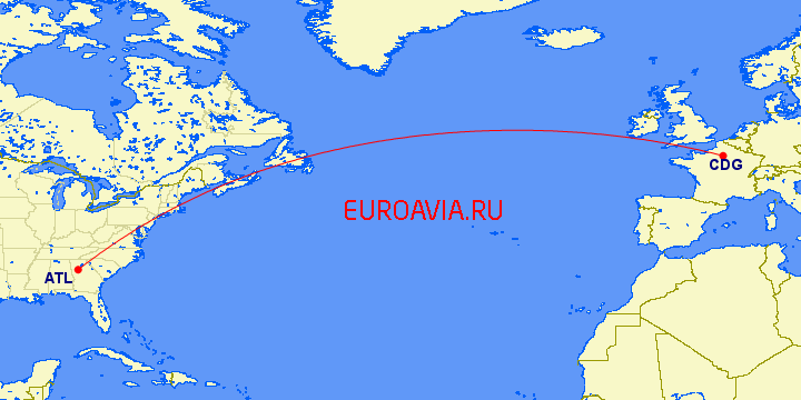 перелет Париж — Атланта на карте