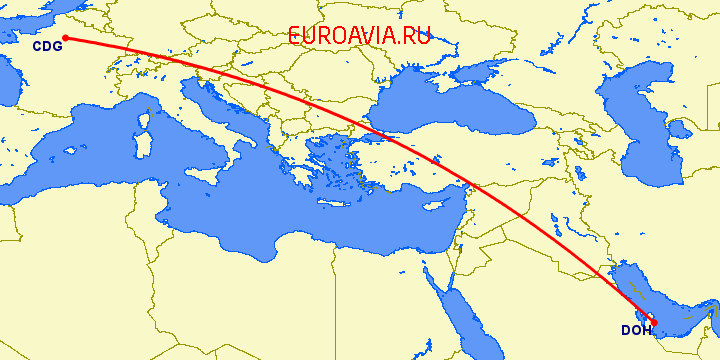 перелет Париж — Доха на карте