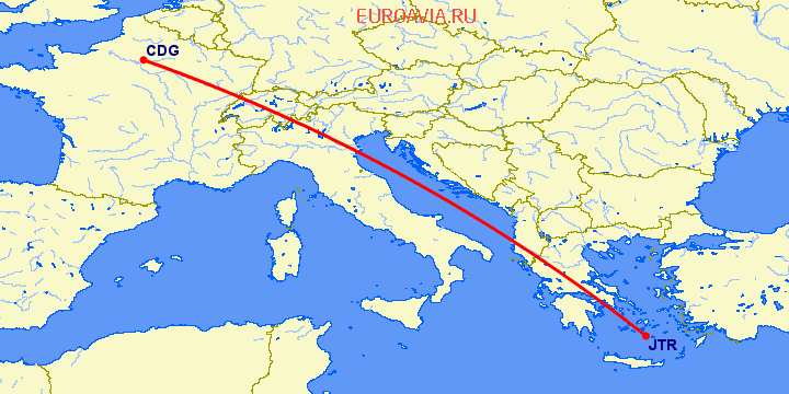 перелет Париж — Санторини на карте