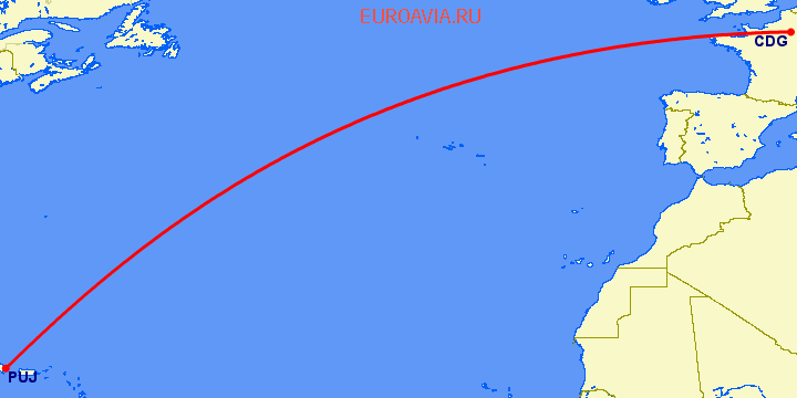 перелет Париж — Пунта Кана на карте