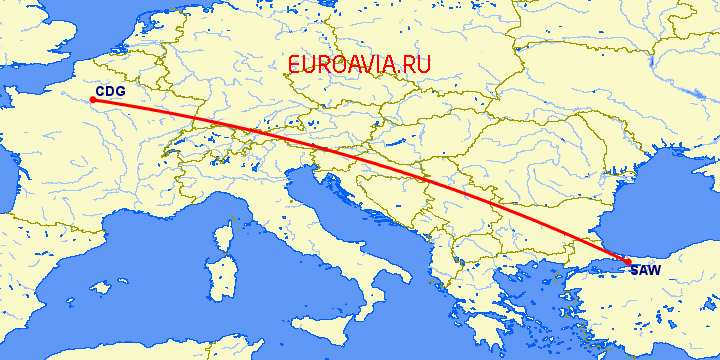 перелет Париж — Стамбул на карте