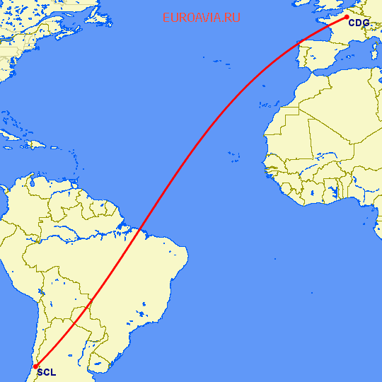 перелет Париж — Сантьяго на карте
