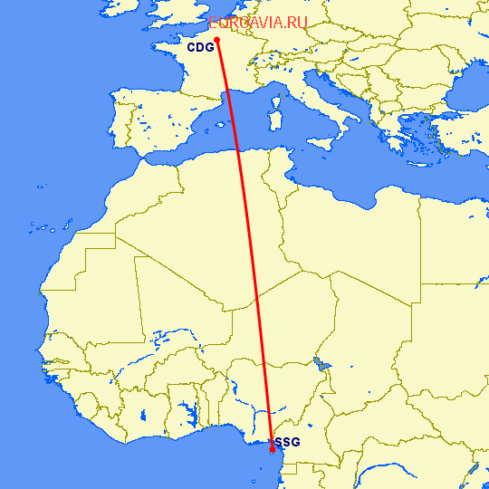 перелет Париж — Малабо на карте