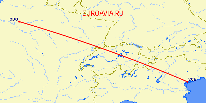 перелет Париж — Венеция на карте