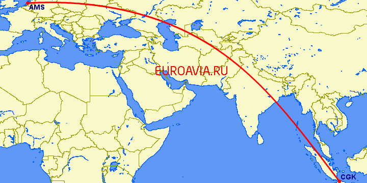 перелет Джакарта — Амстердам на карте