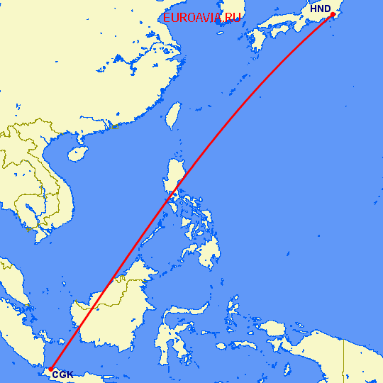 перелет Джакарта — Токио на карте