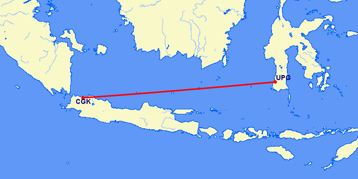 перелет Джакарта — Ujung Pandang на карте