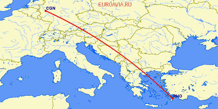 перелет Кельн — Родос на карте