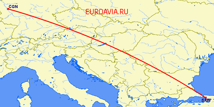 перелет Кельн — Стамбул на карте