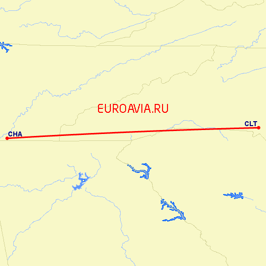 перелет Chattanooga — Шарлотт на карте