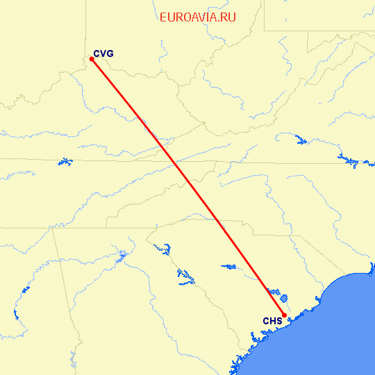 перелет Чарльстон — Кавингтон на карте
