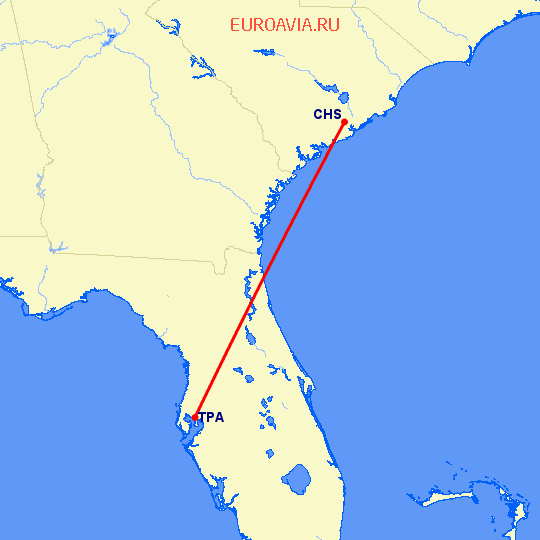 перелет Чарльстон — Тампа на карте