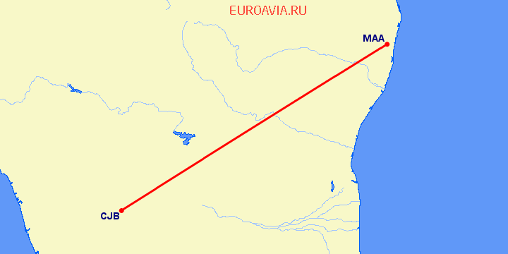 перелет Коимбаторе — Мадрас Ченнай на карте