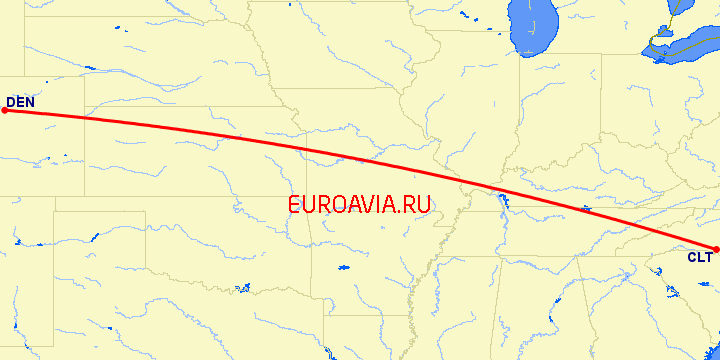 перелет Шарлотт — Денвер на карте