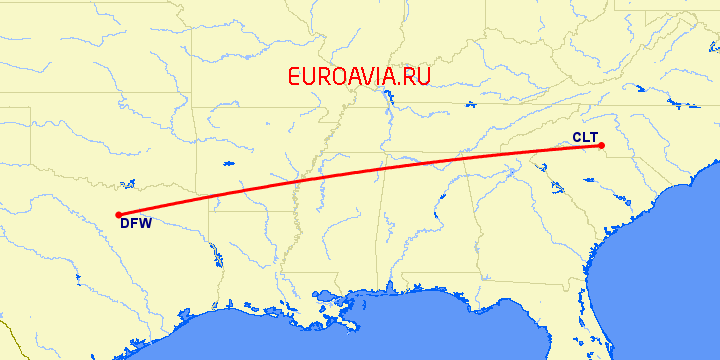 перелет Шарлотт — Даллас на карте