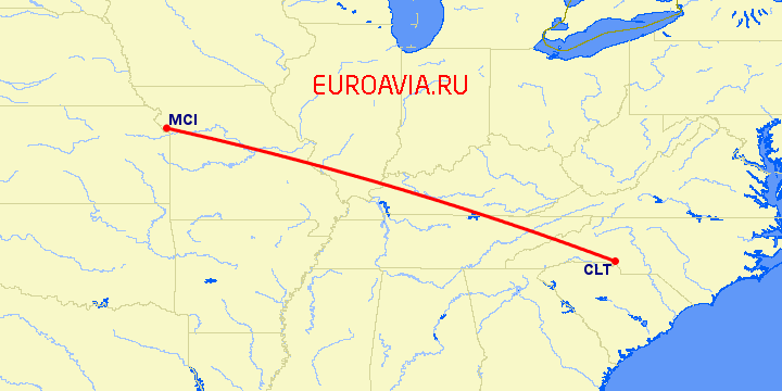 перелет Шарлотт — Канзас Сити на карте