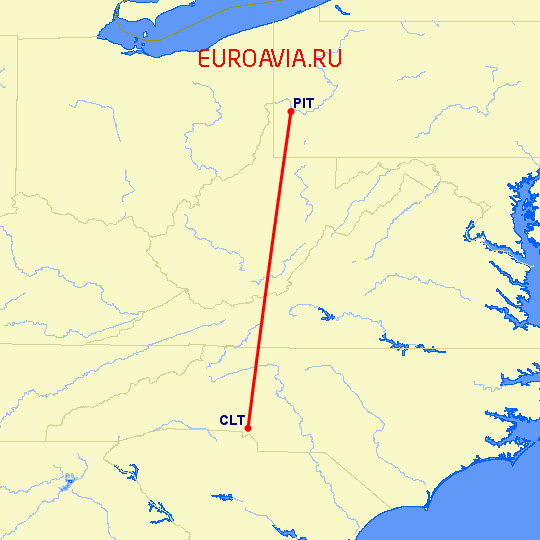 перелет Шарлотт — Питтсбург на карте
