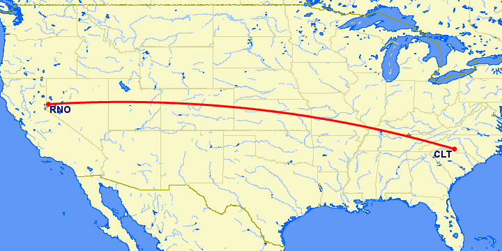 перелет Шарлотт — Рино на карте