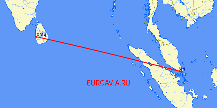 перелет Коломбо — Сингапур на карте