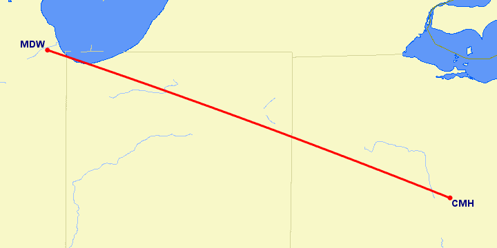 перелет Колумбус — Чикаго на карте