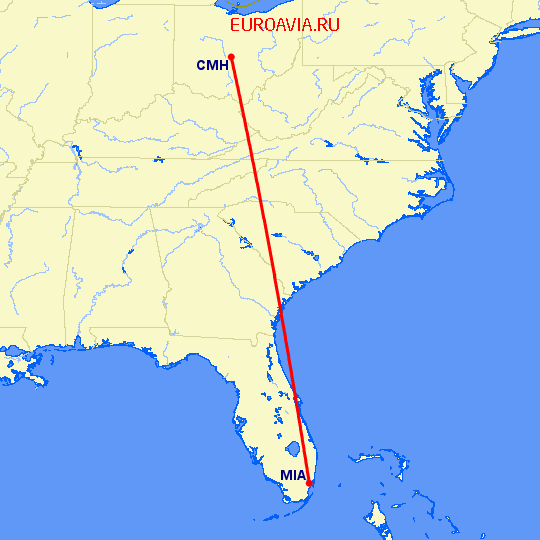 перелет Колумбус — Майами на карте