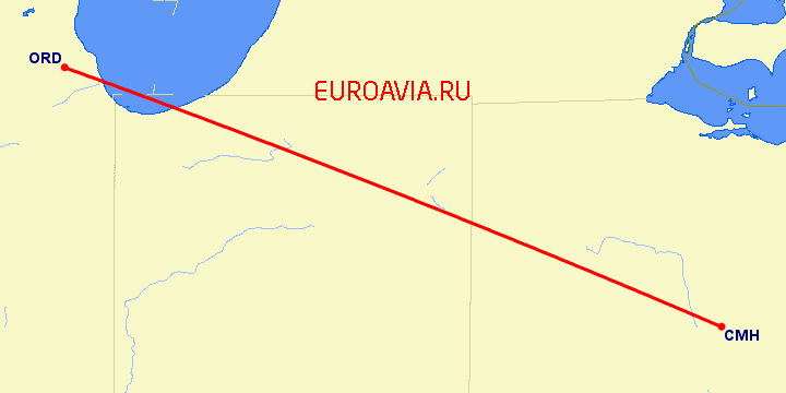 перелет Колумбус — Чикаго на карте