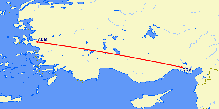 перелет Ковилья — Измир на карте