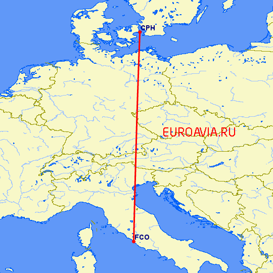 перелет Копенгаген — Рим на карте