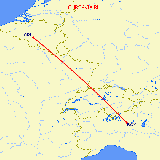 перелет Шарлеруа — Бергамо на карте