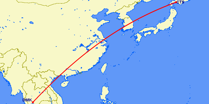 перелет Саппоро — Бангкок на карте