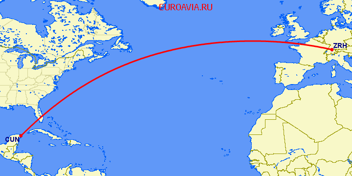перелет Канкун — Цюрих на карте