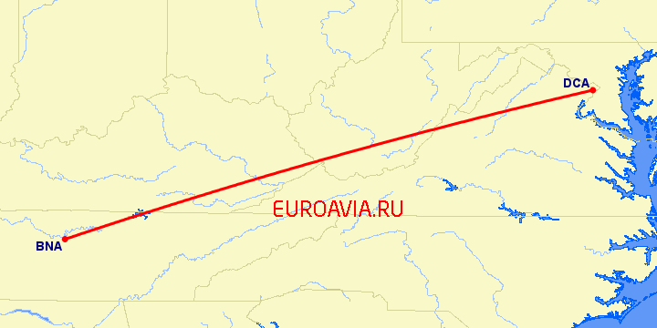 перелет Вашингтон — Нашвилл на карте