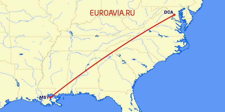 перелет Вашингтон — Новый Орлеан на карте