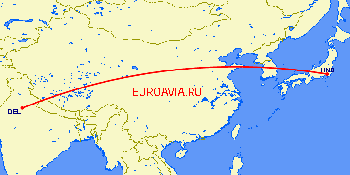 перелет Нью Дели — Токио на карте