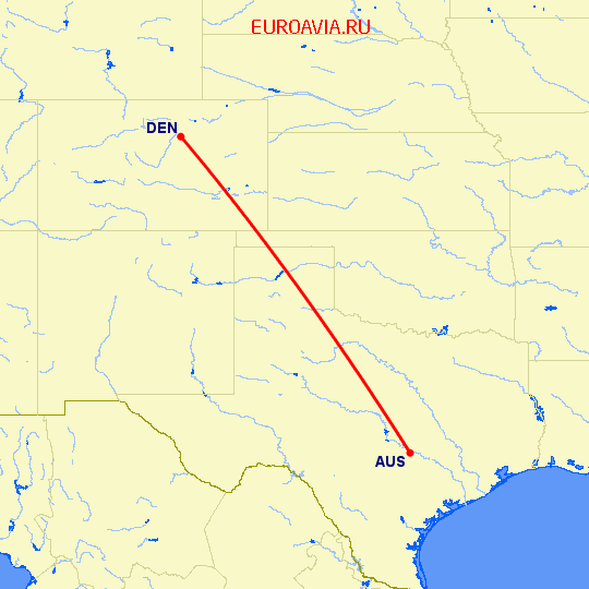 перелет Денвер — Остин на карте