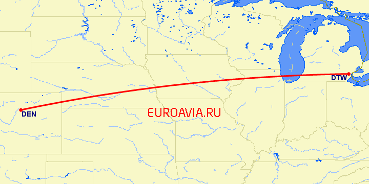 перелет Денвер — Детройт на карте