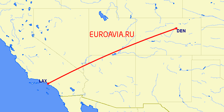 перелет Денвер — Лос Анджелес на карте