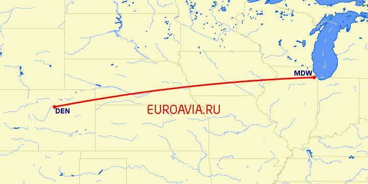 перелет Денвер — Чикаго на карте