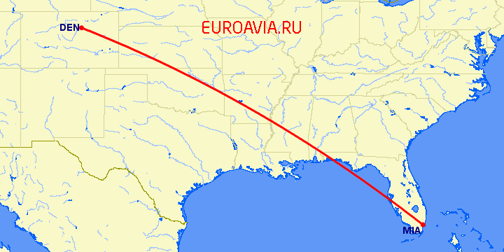 перелет Денвер — Майами на карте