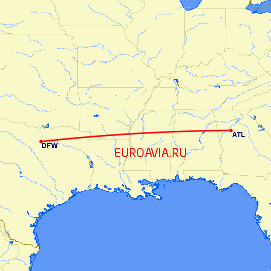перелет Даллас — Атланта на карте