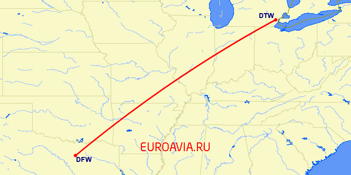 перелет Даллас — Детройт на карте