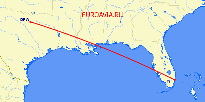 перелет Даллас — Форт Лодердейл на карте