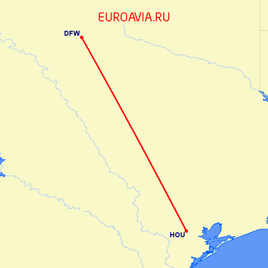 перелет Даллас — Хьюстон на карте